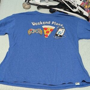 Weekend Plans Graphic Tee - Blue with Pizza & Game Icons